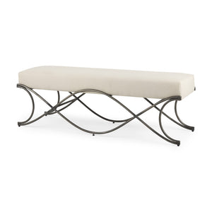 HomeRoots 55" Cream Upholstered Bench with Nickel Frame - Stylish Seating for Entryways & Living Spaces 606735