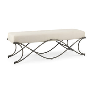 HomeRoots 55" Cream Upholstered Bench with Nickel Frame - Stylish Seating for Entryways & Living Spaces 606735