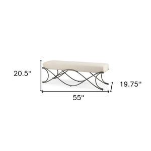HomeRoots 55" Cream Upholstered Bench with Nickel Frame - Stylish Seating for Entryways & Living Spaces 606735