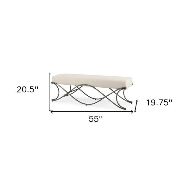 HomeRoots 55" Cream Upholstered Bench with Nickel Frame - Stylish Seating for Entryways & Living Spaces 606735