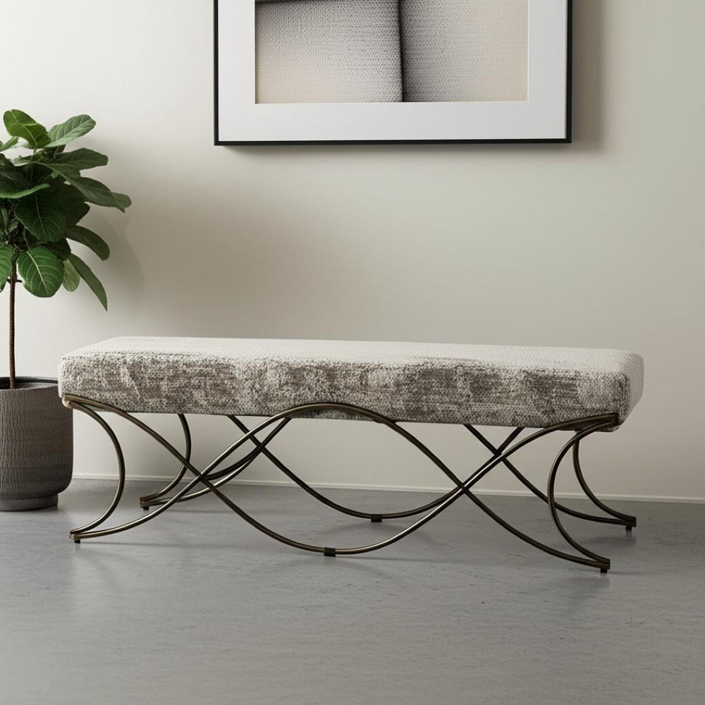 HomeRoots 55" Chic Gray Chenille Upholstered Bench with Gold Metal Frame - Stylish Seating for Any Space! 606737
