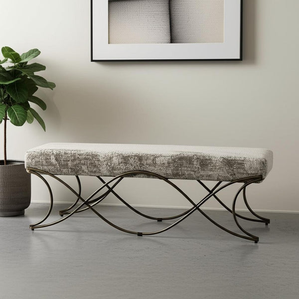 HomeRoots 55" Chic Gray Chenille Upholstered Bench with Gold Metal Frame - Stylish Seating for Any Space! 606737