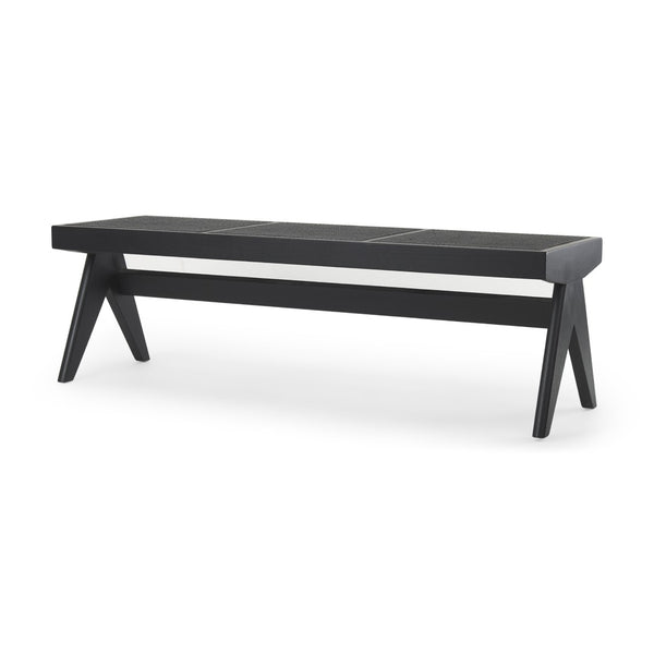 HomeRoots 59" Black Solid Wood and Cane Dining Bench - Stylish Rustic Modern Seating for Any Space, Seats 3 606739