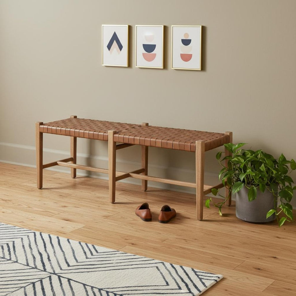 HomeRoots 52" Brown Genuine Leather Upholstered Bench - Stylish Solid Wood Design for Entryway & Bedroom Use 606744