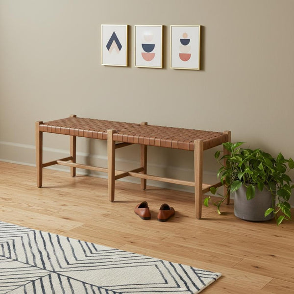 HomeRoots 52" Brown Genuine Leather Upholstered Bench - Stylish Solid Wood Design for Entryway & Bedroom Use 606744