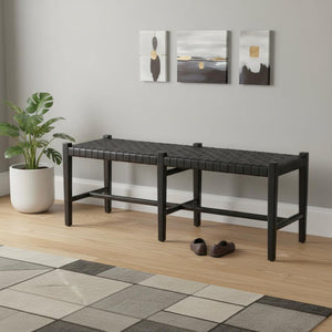 HomeRoots 52" Black Genuine Leather Upholstered Bench - Modern Solid Wood Design for Stylish Entryway Seating 606747
