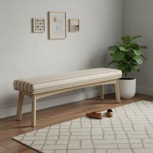 HomeRoots 62" Elegant Beige and Brown Striped Upholstered Bench with Solid Wood Base for Entryway Comfort 606748