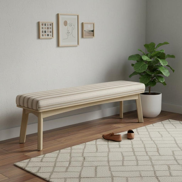 HomeRoots 62" Elegant Beige and Brown Striped Upholstered Bench with Solid Wood Base for Entryway Comfort 606748