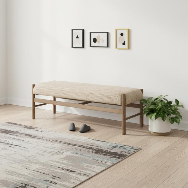 HomeRoots 57" Elegant Beige Cotton Upholstered Bench with Solid Wood Base for Entryway & Bedroom Style 606749