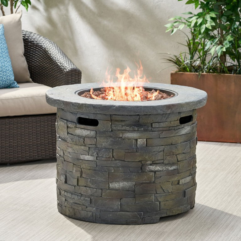 English Elm Outdoor Round Propane Fire Pit Concrete Stone Finish 40000 BTU Concealed Tank Base 60675.00NTL-40K