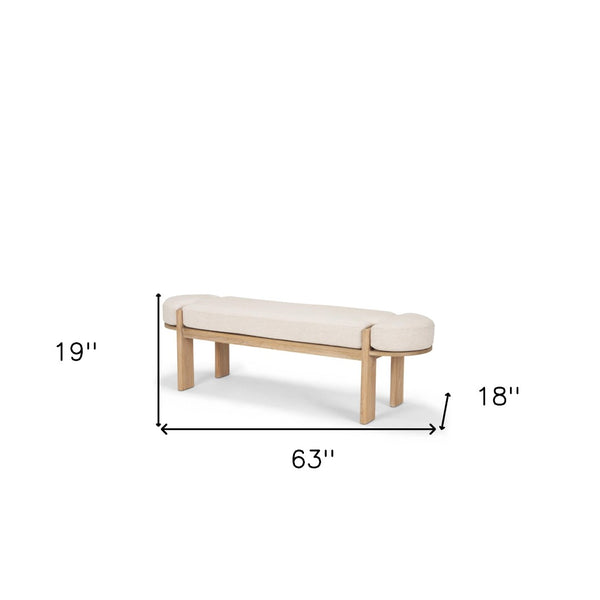 HomeRoots 63" Cream and Brown Upholstered Bench - Stylish Solid Wood Frame for Entryway, Bedroom, or Hallway 606753