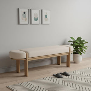 HomeRoots 63" Cream and Brown Upholstered Bench - Stylish Solid Wood Frame for Entryway, Bedroom, or Hallway 606753
