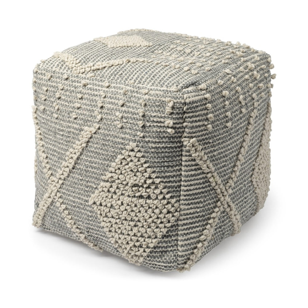 HomeRoots 18" Gray and Cream Hand-Woven Geometric Cube Pouf Ottoman – Modern Boho Accent for Small Spaces 606754