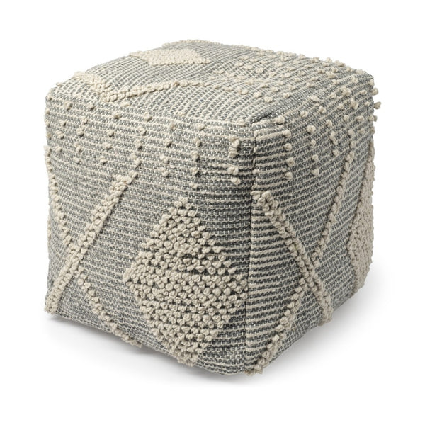 HomeRoots 18" Gray and Cream Hand-Woven Geometric Cube Pouf Ottoman – Modern Boho Accent for Small Spaces 606754