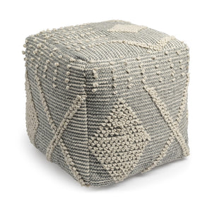 HomeRoots 18" Gray and Cream Hand-Woven Geometric Cube Pouf Ottoman – Modern Boho Accent for Small Spaces 606754