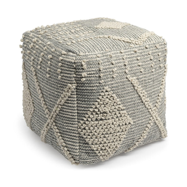 HomeRoots 18" Gray and Cream Hand-Woven Geometric Cube Pouf Ottoman – Modern Boho Accent for Small Spaces 606754