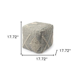 HomeRoots 18" Gray and Cream Hand-Woven Geometric Cube Pouf Ottoman – Modern Boho Accent for Small Spaces 606754