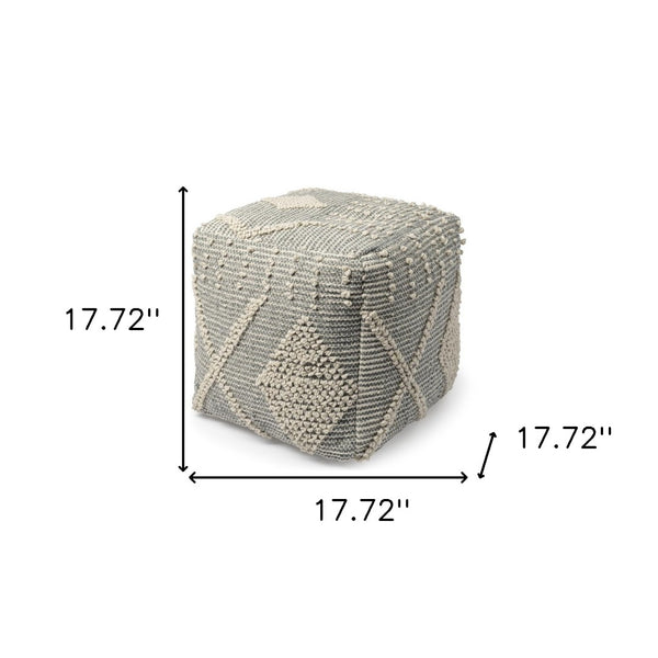 HomeRoots 18" Gray and Cream Hand-Woven Geometric Cube Pouf Ottoman – Modern Boho Accent for Small Spaces 606754