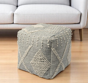 HomeRoots 18" Gray and Cream Hand-Woven Geometric Cube Pouf Ottoman – Modern Boho Accent for Small Spaces 606754