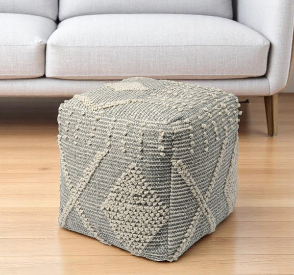 HomeRoots 18" Gray and Cream Hand-Woven Geometric Cube Pouf Ottoman – Modern Boho Accent for Small Spaces 606754