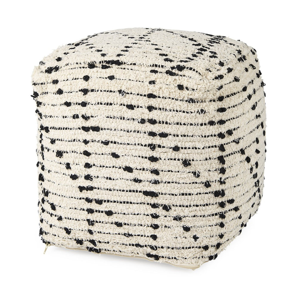 HomeRoots 16" Cotton Cube Pouf Ottoman - Stylish Cream & Black Geometric Accent for Modern Boho Decor 606756