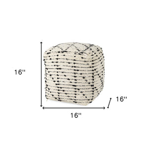 HomeRoots 16" Cotton Cube Pouf Ottoman - Stylish Cream & Black Geometric Accent for Modern Boho Decor 606756