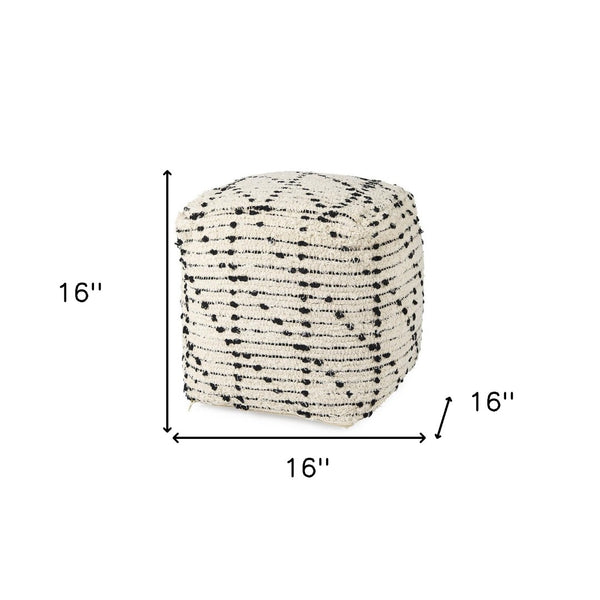 HomeRoots 16" Cotton Cube Pouf Ottoman - Stylish Cream & Black Geometric Accent for Modern Boho Decor 606756