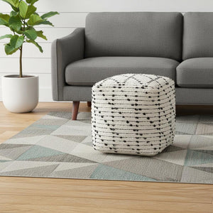 HomeRoots 16" Cotton Cube Pouf Ottoman - Stylish Cream & Black Geometric Accent for Modern Boho Decor 606756