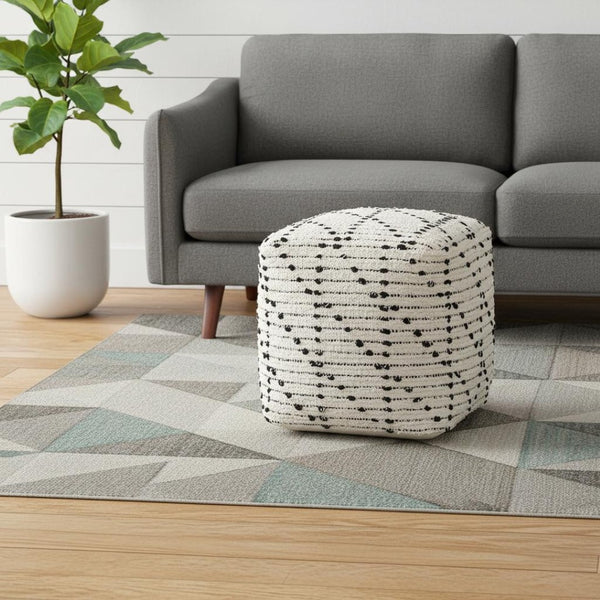 HomeRoots 16" Cotton Cube Pouf Ottoman - Stylish Cream & Black Geometric Accent for Modern Boho Decor 606756