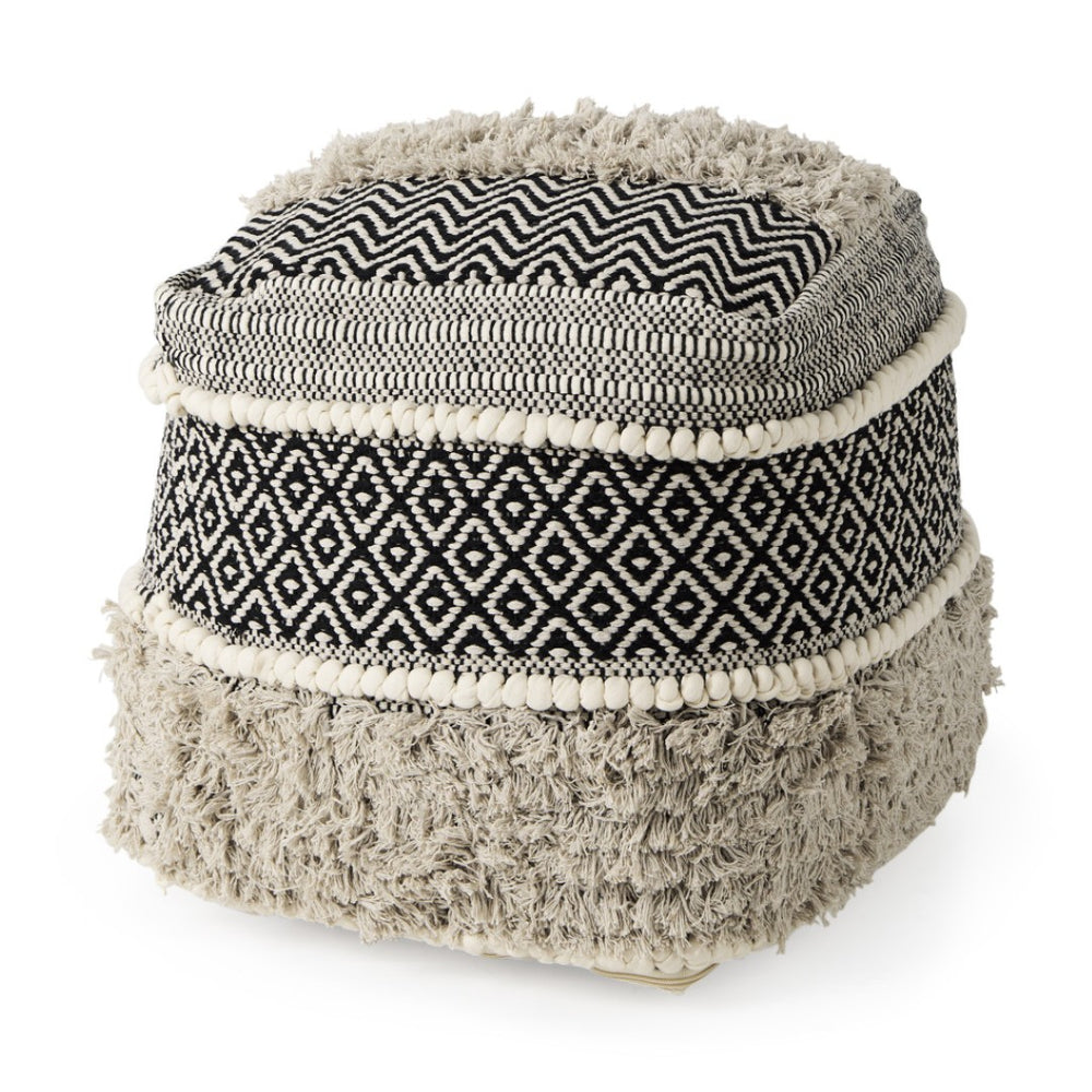 HomeRoots 16" Chic Black Gray White Cotton Geometric Pouf Ottoman - Versatile Footrest & Stylish Accent Piece 606759