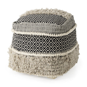 HomeRoots 16" Chic Black Gray White Cotton Geometric Pouf Ottoman - Versatile Footrest & Stylish Accent Piece 606759
