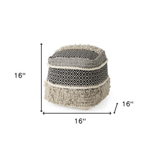HomeRoots 16" Chic Black Gray White Cotton Geometric Pouf Ottoman - Versatile Footrest & Stylish Accent Piece 606759