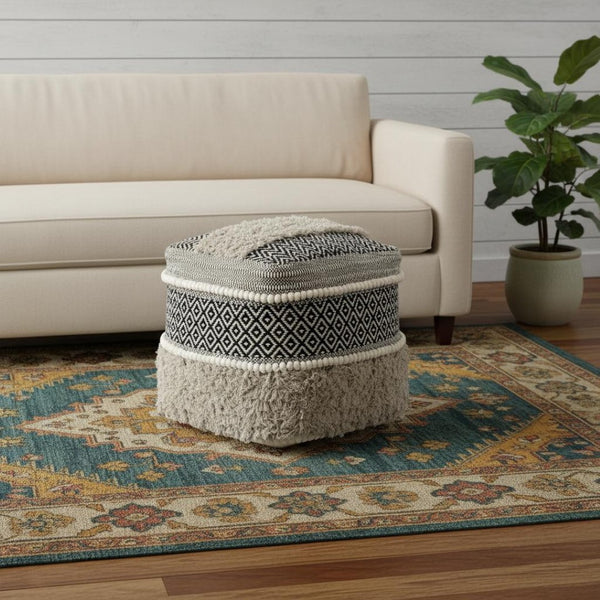 HomeRoots 16" Chic Black Gray White Cotton Geometric Pouf Ottoman - Versatile Footrest & Stylish Accent Piece 606759