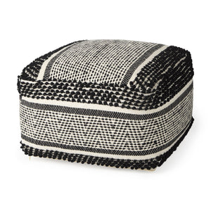 HomeRoots 22" Black and White Cotton and Wool Geometric Pouf Ottoman - Modern Boho Style & Versatile Comfort 606762