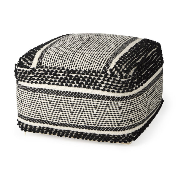 HomeRoots 22" Black and White Cotton and Wool Geometric Pouf Ottoman - Modern Boho Style & Versatile Comfort 606762