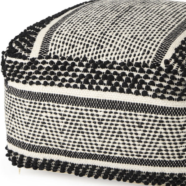 HomeRoots 22" Black and White Cotton and Wool Geometric Pouf Ottoman - Modern Boho Style & Versatile Comfort 606762
