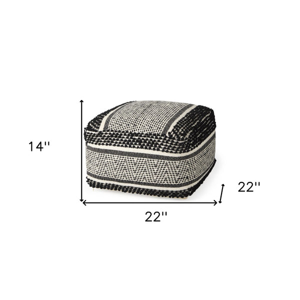 HomeRoots 22" Black and White Cotton and Wool Geometric Pouf Ottoman - Modern Boho Style & Versatile Comfort 606762