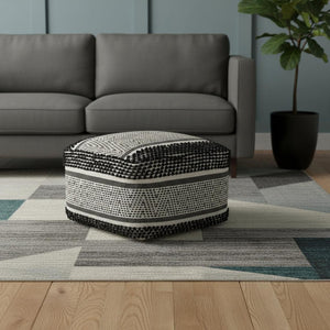 HomeRoots 22" Black and White Cotton and Wool Geometric Pouf Ottoman - Modern Boho Style & Versatile Comfort 606762