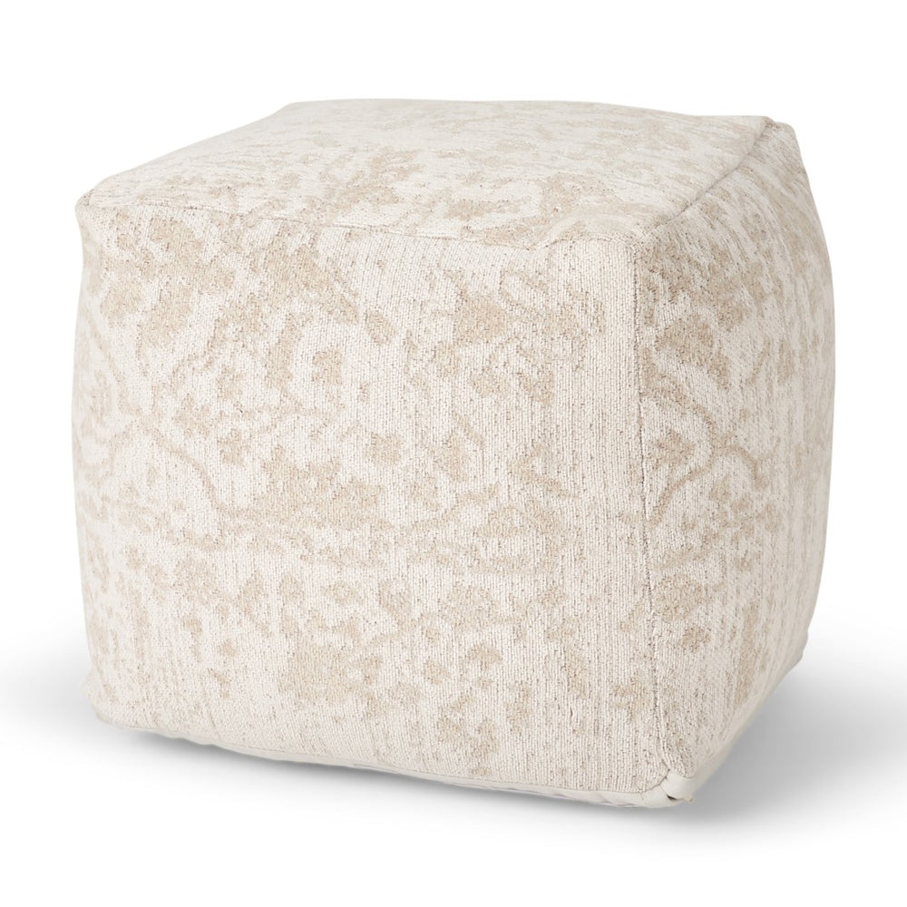 HomeRoots 18" Cream and Beige Damask Pouf Ottoman - Soft Chenille Cube for Stylish Seating and Versatile Use 606763