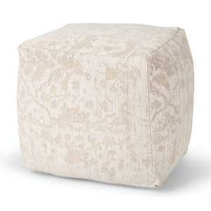 HomeRoots 18" Cream and Beige Damask Pouf Ottoman - Soft Chenille Cube for Stylish Seating and Versatile Use 606763