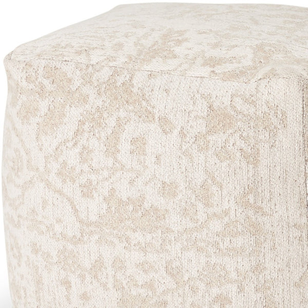 HomeRoots 18" Cream and Beige Damask Pouf Ottoman - Soft Chenille Cube for Stylish Seating and Versatile Use 606763