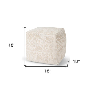 HomeRoots 18" Cream and Beige Damask Pouf Ottoman - Soft Chenille Cube for Stylish Seating and Versatile Use 606763