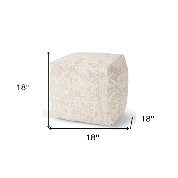 HomeRoots 18" Cream and Beige Damask Pouf Ottoman - Soft Chenille Cube for Stylish Seating and Versatile Use 606763