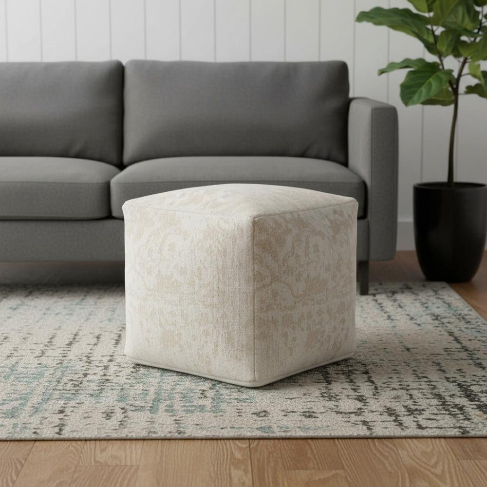 HomeRoots 18" Cream and Beige Damask Pouf Ottoman - Soft Chenille Cube for Stylish Seating and Versatile Use 606763
