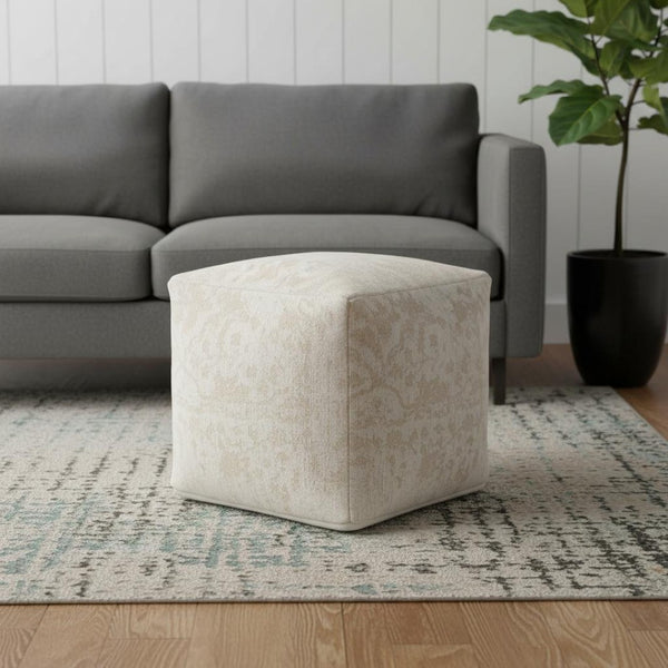 HomeRoots 18" Cream and Beige Damask Pouf Ottoman - Soft Chenille Cube for Stylish Seating and Versatile Use 606763