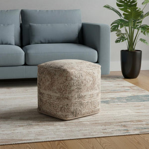 HomeRoots 18" Beige and Taupe Chenille Cube Pouf Ottoman - Stylish, Space-Saving Multi-Functional Accent Piece 606764