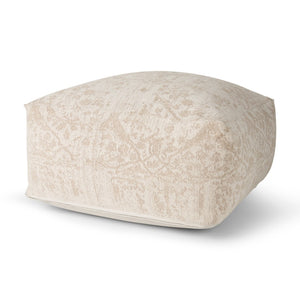 HomeRoots 36" Beige and Cream Chenille Damask Pouf Ottoman - Stylish, Versatile Footrest for Any Decor 606766