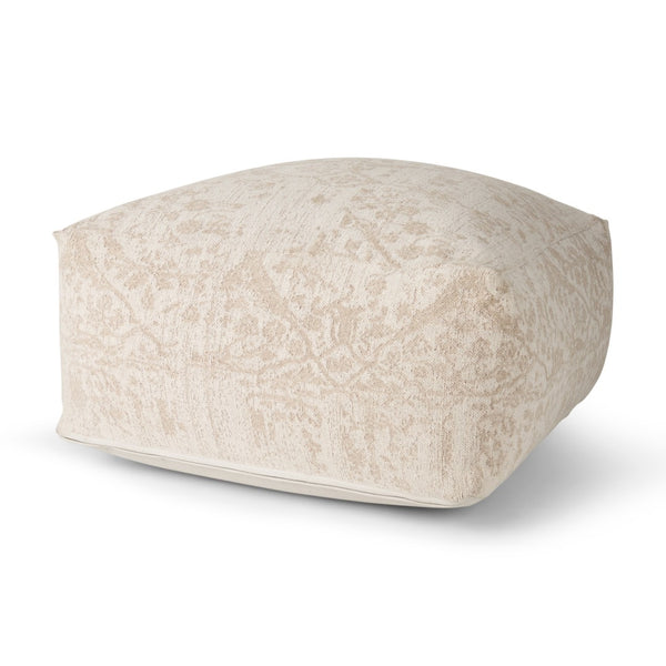 HomeRoots 36" Beige and Cream Chenille Damask Pouf Ottoman - Stylish, Versatile Footrest for Any Decor 606766