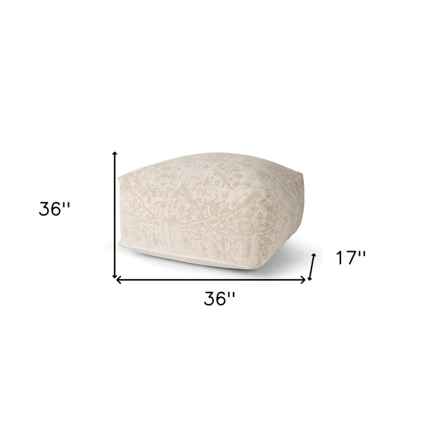 HomeRoots 36" Beige and Cream Chenille Damask Pouf Ottoman - Stylish, Versatile Footrest for Any Decor 606766