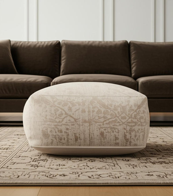 HomeRoots 36" Beige and Cream Chenille Damask Pouf Ottoman - Stylish, Versatile Footrest for Any Decor 606766